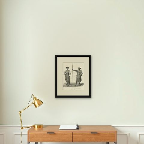 Antique Print of a Life Guard and Fighter of Java, Indonesia, shown framed on a wall
