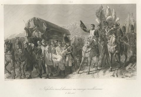 Napoleon Honors the Wounded Soldier, Antique French Engraving, circa 1840, close-up 1