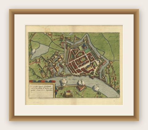 Antique Plan of the Siege of Grave by Guicciardini, c.1608, shown framed