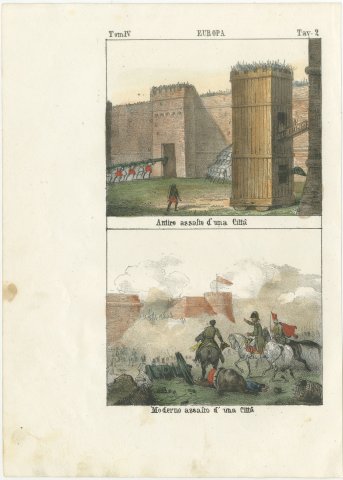Ancient and Modern Assault on a City, Siege Tower and Battle, Lithograph, 1842, view 2
