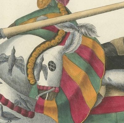 Hand-Coloured Jousting Scene: Armoured Knight and Striped Caparisoned Horse 1842, close-up 6