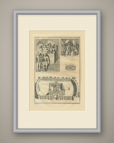 Roman Walled Camp Enclosures and Soldiers, Montfaucon Engraving, 1722, shown framed