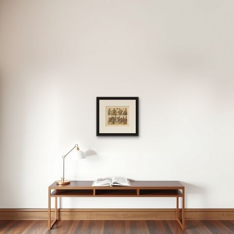 Pl. 130 Antique Print of French 18th Century Military Outfits by Racinet, shown framed on a wall