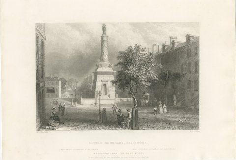 Battle Monument, Baltimore, after Bartlett, Antique Street View, 1842, view 2