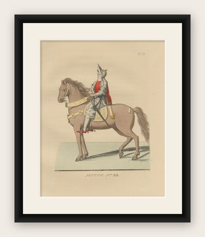 Medieval Knight on Horseback, Elegant Hand-Colored Antique Print, France 1845, shown framed