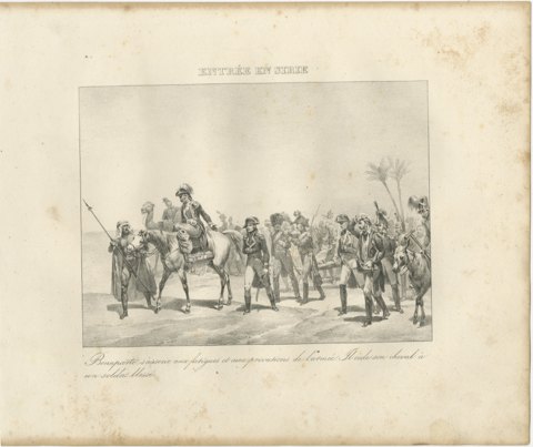 Entry into Syria, Bonaparte Gives Up His Horse, Antique Madou Lithograph, 1827, view 2