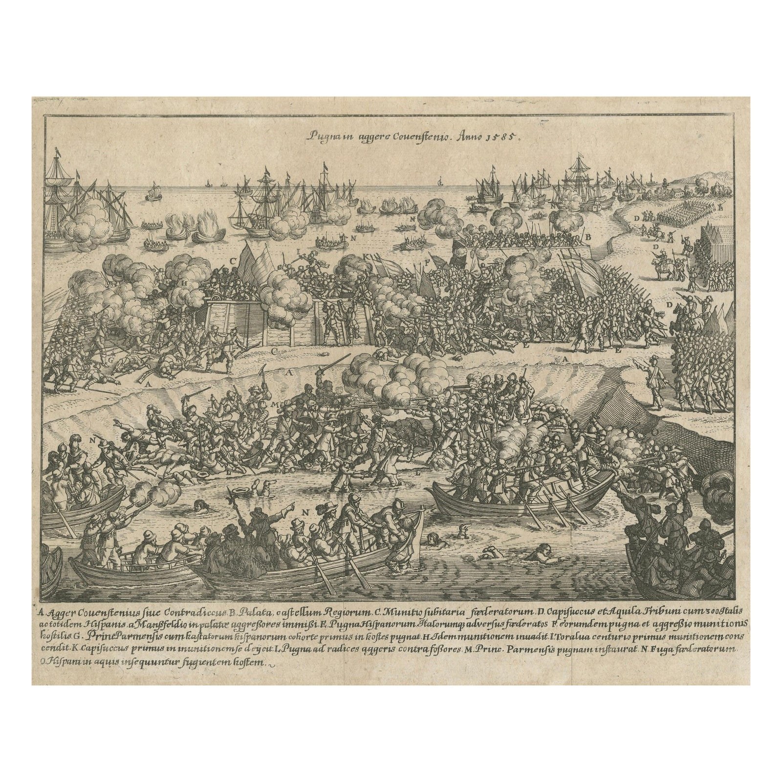 Battle of Kauwenstein Dijk, 1585: Siege of Antwerp Engraving with Latin Legend