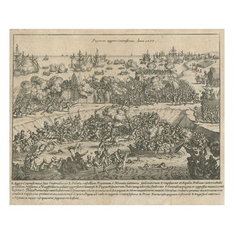 Battle of Kauwenstein Dijk, 1585: Siege of Antwerp Engraving with Latin Legend