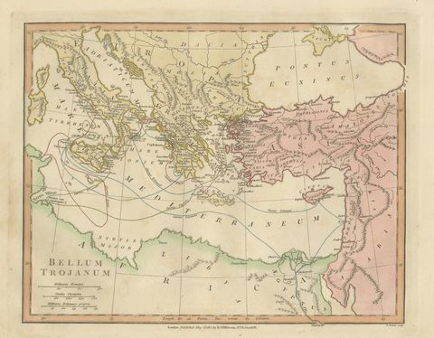 Antique Trojan War Map, Bellum Trojanum Mediterranean, Wilkinson 1815, close-up 1