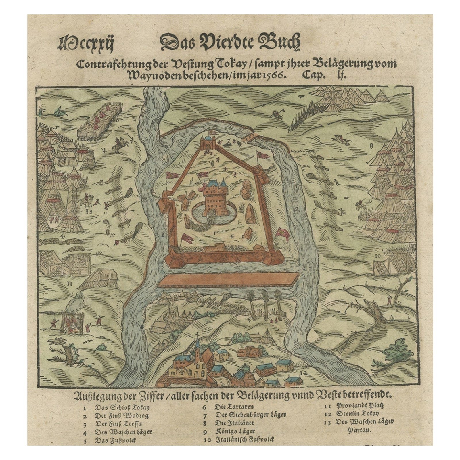 Print of the Fortress Julaof Tokay, Hungary, Surrounded by Turkish Troops, c1580