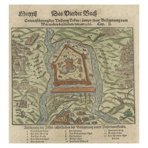 Print of the Fortress Julaof Tokay, Hungary, Surrounded by Turkish Troops, c1580