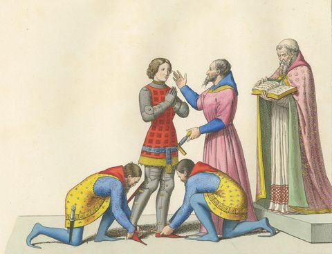 Creation of a Knight Ceremony, 14th Century, Hand-Colored, ca.1860, close-up 2