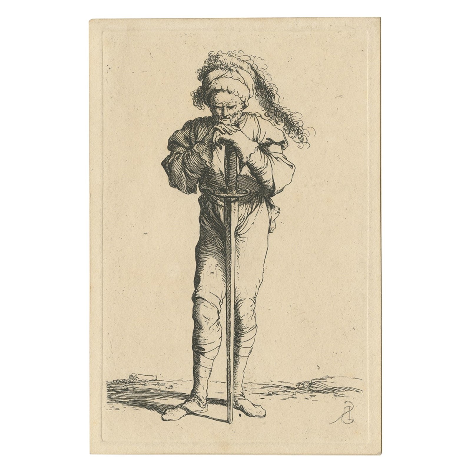 Rare Etching of a Warrior Standing and Leaning on a Long Sword, ca.1658
