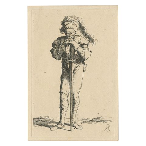 Rare Etching of a Warrior Standing and Leaning on a Long Sword, ca.1658