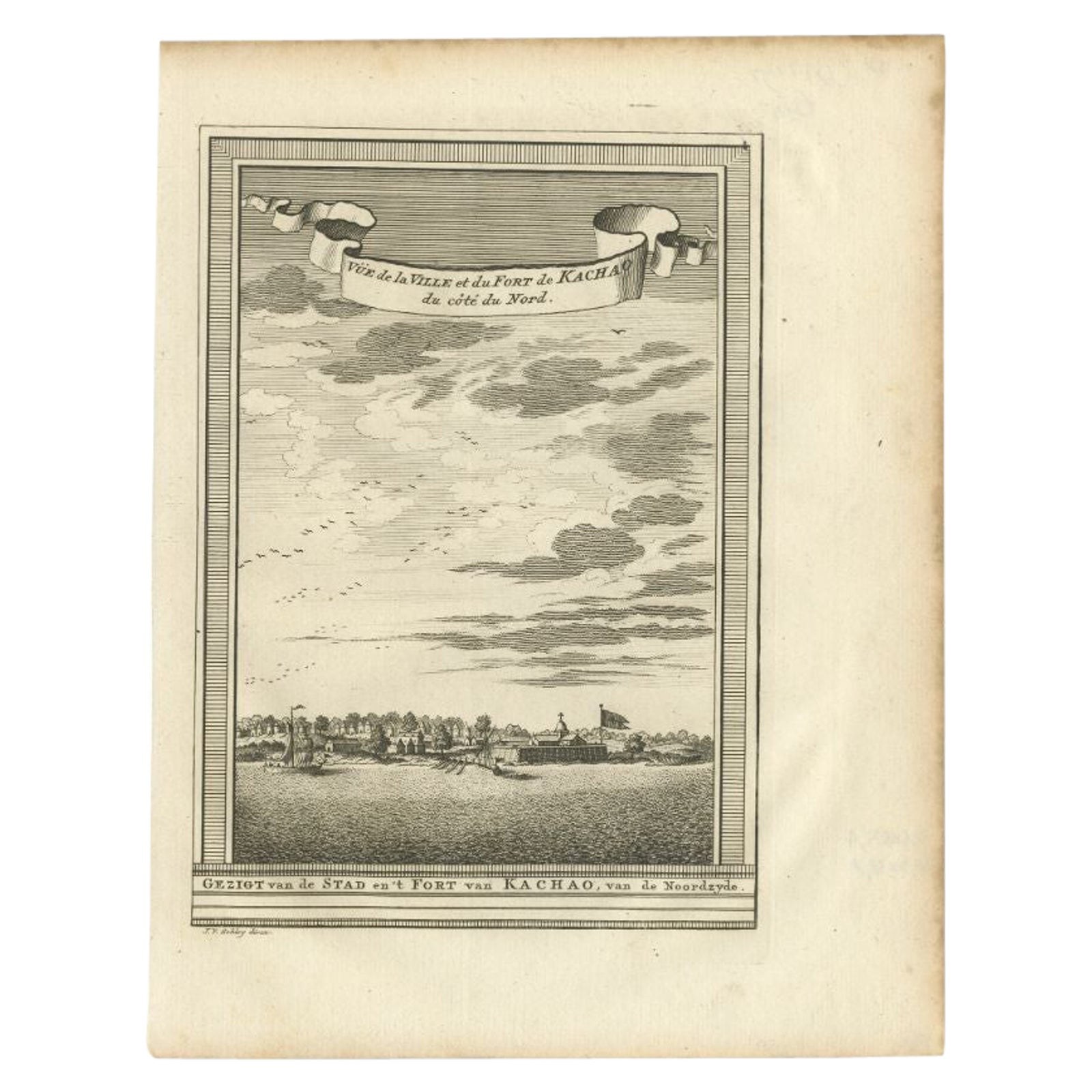 Antique Print of the City and Fortress of Kachao in Guinea Bissau, Africa, 1747