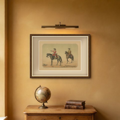 Two Spanish Cavalry Officers in Tricorn Hats, Villegas Lithograph, Madrid, 1861, shown framed on a wall