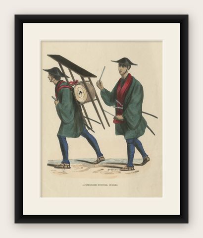 Original Antique Print of Japanese Infantry Musicians, ca.1845, shown framed