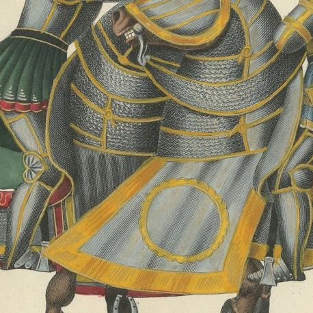 Hand-Coloured Print of Armoured Knights in Close-Combat Horseback Duel, 1842, close-up 3