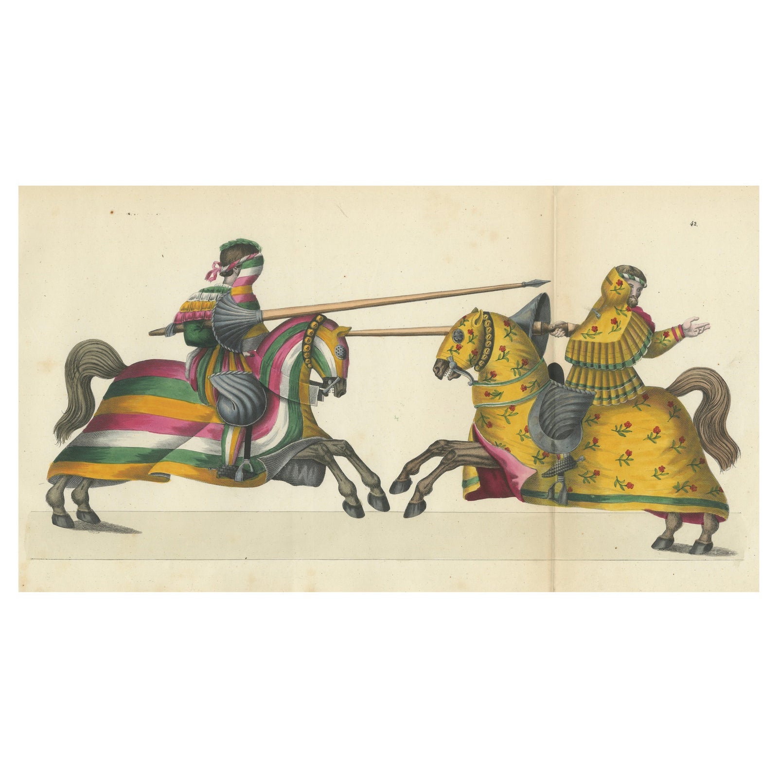 Hand-Coloured Jousting Scene with Vibrant Striped and Floral Caparisons, 1842