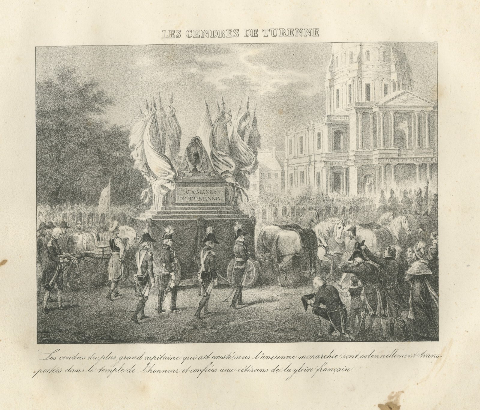 The Ashes of Turenne Borne to the Invalides, Antique Madou Lithograph, 1827