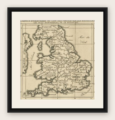 Original Antique Map of England, Showing the Most Memorable Battles, shown framed