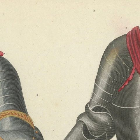 19th-Century Hand-Coloured Lithograph of Ornate Parade and Tournament Armor, close-up 3