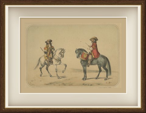 Spanish Cavalry Trooper and Mounted Drummer by Villegas, Clonard Album, 1861, shown framed