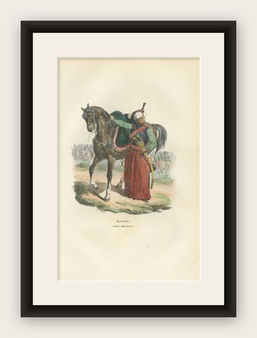 Napoleonic Mameluck of the Imperial Guard, hand-colored military print, 1843, shown framed