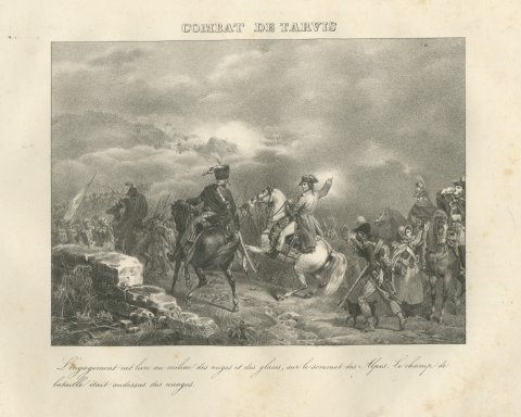 Combat of Tarvis, Battle Above the Clouds, Antique Madou Lithograph, 1827