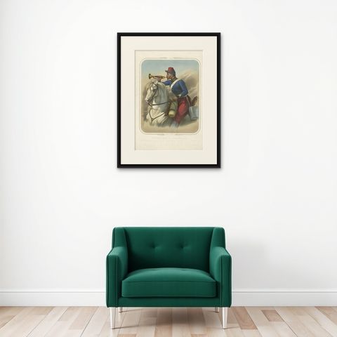 Antique Print of a French Cavalryman During the Battle of the Smala 'circa 1845', shown framed on a wall