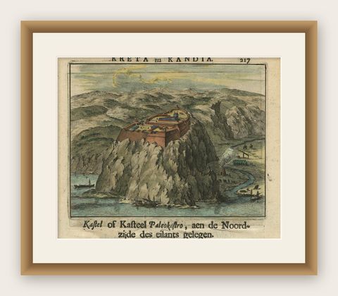 Venetian Fortress Paleokastro on Crete, Antique Print, Hand-Coloured, 1688, shown framed