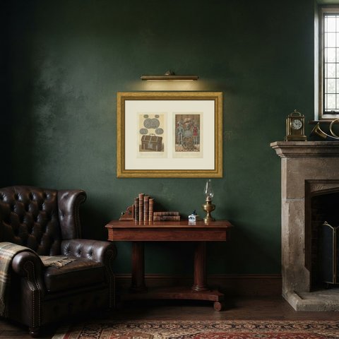 Renaissance Medals and Armor, Pair of Antique French Chromolithographs, 1882, shown framed in a room