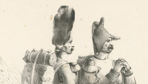 Antique French Military Lithograph, Soldiers with Pack and Rifle, c.1820, close-up 2