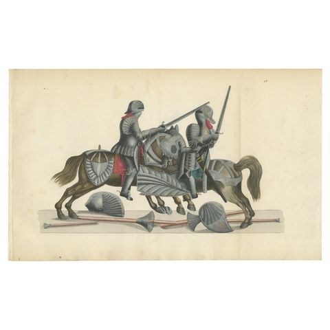 Hand-Coloured Lithograph of Knights in Aftermath of a Broken Lance Duel, 1842