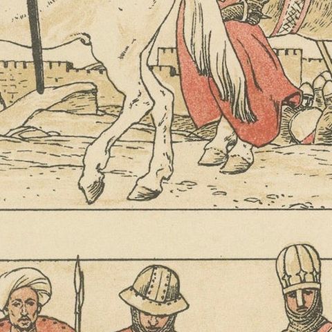 Antique Crusading Knights Plate, Hand-Colored Medieval Print c.1880, close-up 4