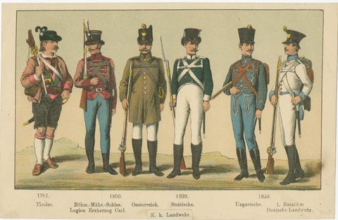 Austrian Military Uniforms Lithograph, Engineers, Landwehr & Staff, c.1890, view 3