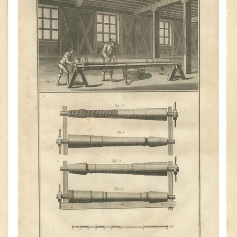 Rare Engravings Depicting the Intricate Process of Cannon Manufacturing, ca.1770, close-up 1