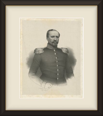 Unknown Military Officer in Uniform, Original Antique Lithograph, 1870, shown framed