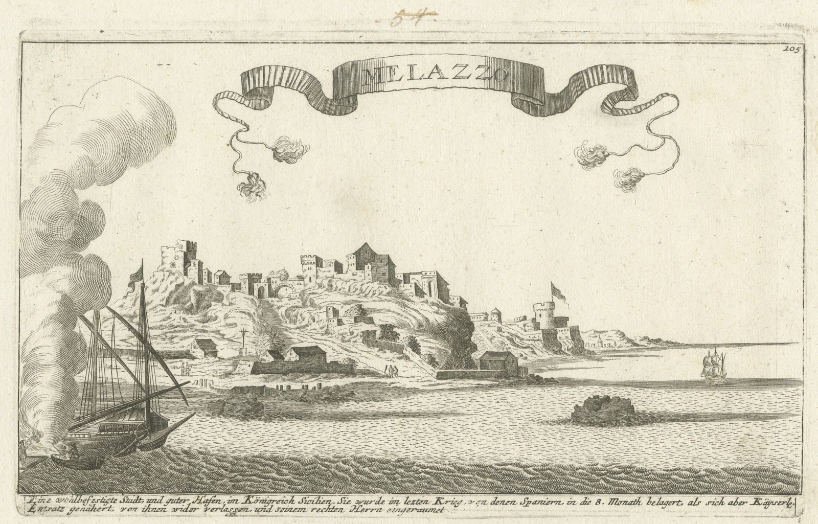Milazzo (Melazzo), Sicily, Siege of 1718, Antique Engraving, circa 1720