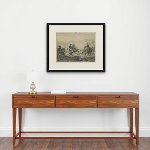 Antique Print of Dutch Prince Willem of Orange at the Battle of Waterloo, c.1855, shown framed on a wall