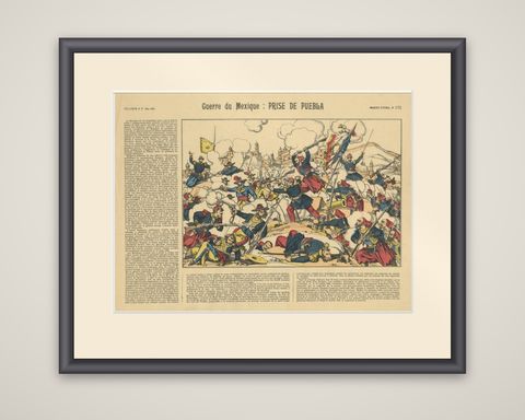 Battle of Puebla, French Intervention in Mexico, Épinal Print, 1863, shown framed