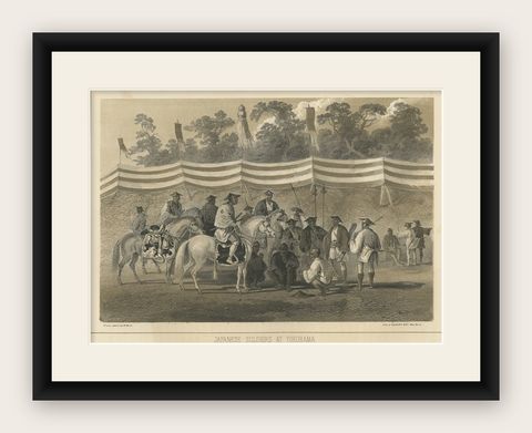 Antique Print of Japanese Soldiers in Yokohama, Japan, 1856, shown framed