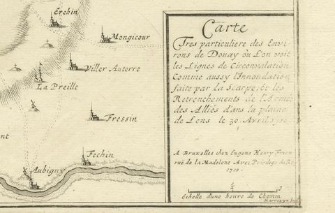 Detailed 1720s Map, Siege of Douay and Lines of Circumvallation, France, close-up 2