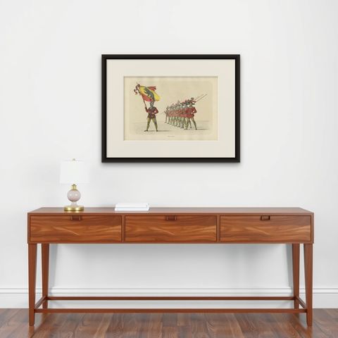 The Standard-Bearer of Bern Leading a Swiss Infantry Formation, Published 1855, shown framed on a wall