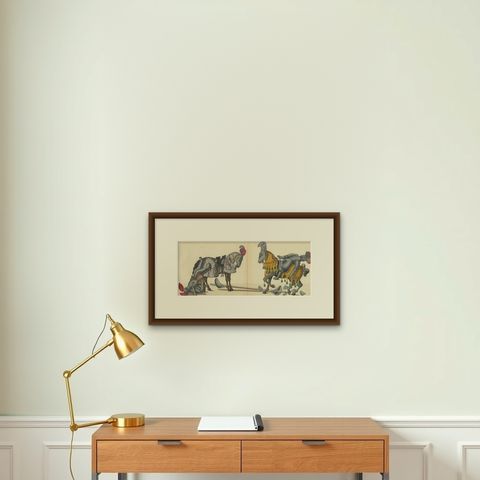 19th-Century Hand-Coloured Lithograph of Fallen Knights and Horses Post-Joust, shown framed on a wall
