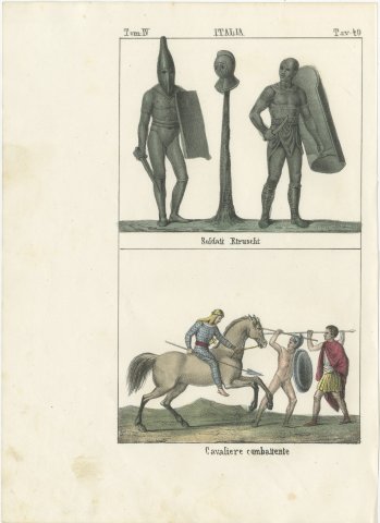 Etruscan Soldiers and a Fighting Horseman, Hand Colored Lithograph, 1842, view 2
