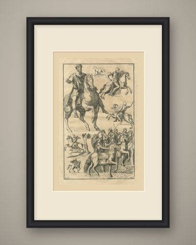 Roman Equestrian Statue and Cavalry Reliefs, Montfaucon Engraving, 1722, shown framed