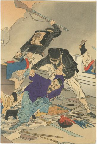 Fortress Assault Triptych, 1894 Japanese Meiji War Woodblock by Gekko, view 3