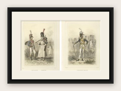 Napoleonic Military Musicians, Sapper, Horn Player, and Drum Major, 1859, shown framed