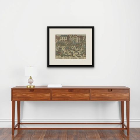 Old Print of Troops of William of Orange Battling with Amsterdam Citizens, c1580, shown framed on a wall